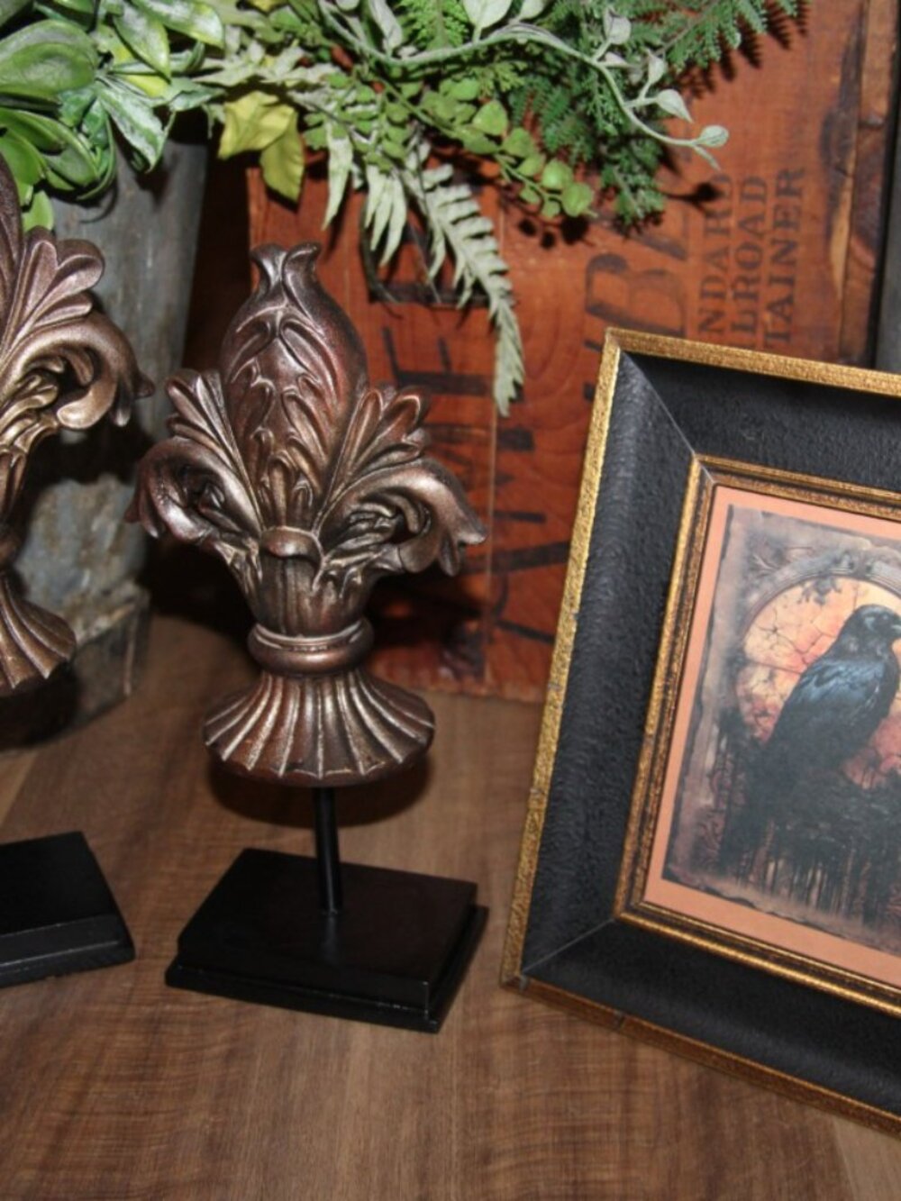 Dark Moody French Fleur De Lis Pair & Framed Black Crow Raven Bird Picture